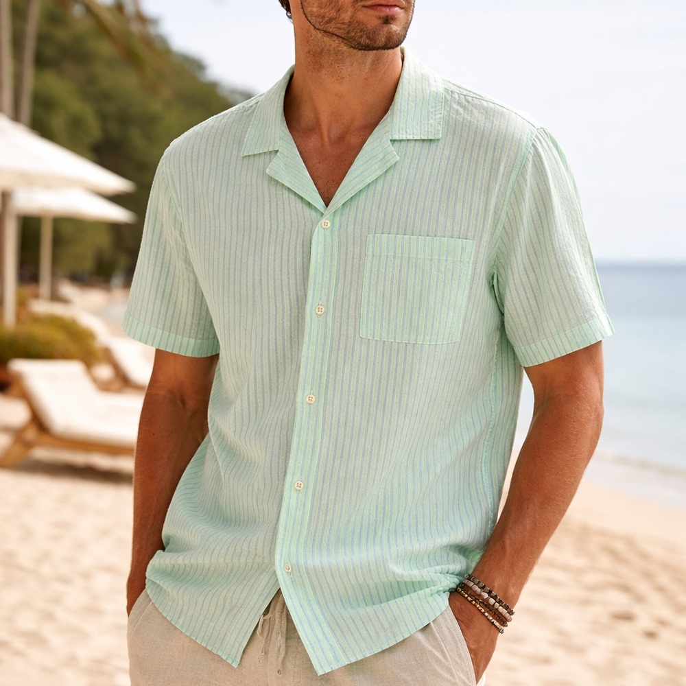 ZARA Green & Blue Striped Short Sleeve Button-Up Shirt | Men's Medium